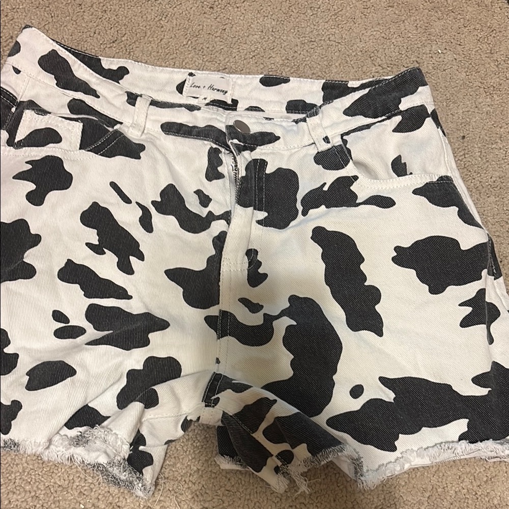 Black and White Jean Shorts with Bold Cow Print